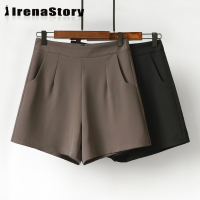 IRENASTORY สไตล์ลำลองกางเกงขาสั้นสตรีเอวสูงขากว้างหนาสีทึบกางเกงขาสั้นแบบลำลองพร้อมกระเป๋ากางเกงขาสั้นเอไลน์