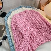 [COD] Grainy vertical texture round neck pink long-sleeved sweater womens 2022 autumn and winter Korean style all-match pullover