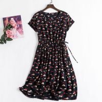 กระโปรงชายหาดสำหรับสุภาพสตรี Cotton silk dress summer 2023 new short-sleeved artificial cotton silk skirt mid-length floral swing skirt solid color beach skirt