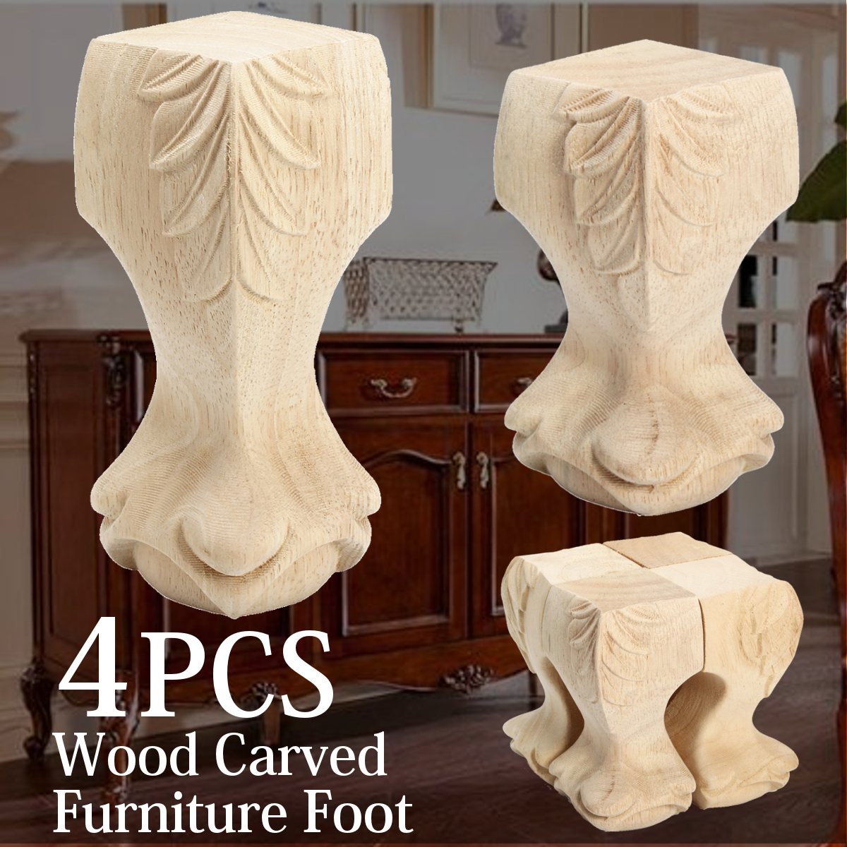4pcs European Style Solid Wood Carved Furniture Foot Legs TV Cabinet  Couch Sofa 