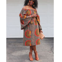 2021African Dresses for Women Dahsiki Print Plus Size Clothes European Clothing Off Shoulder Long Sleeve Belt Maxi Loose Dress