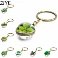 Clover Keychain Four Leaf Clover Glass Crystal Cabochon Ball Double Side Pendant Metal Keyring Lucky Jewelry Gifts for Women Man Key Chains