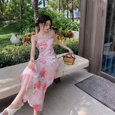 French holiday beach dress powder li watercolor printing condole belt dress in new spring and summer