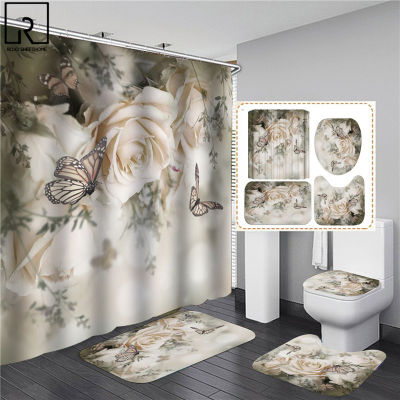 Elegant Butterfly Flower Rose Print Shower Curtain Woman Bathroom Decoration Blue Pink Bath Mat Set Toilet Lid Cover WC Supplies