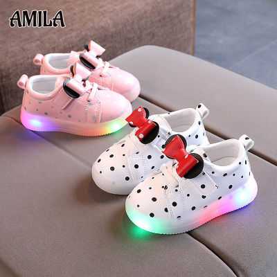 AMILA รองเท้ากีฬาสำหรับเด็ก,รองเท้าเด็กผู้หญิงระบายอากาศได้ดีน้ำหนักเบารองเท้ามีไฟ LED ผูกโบว์