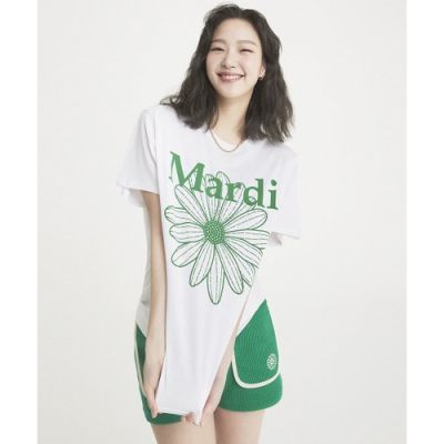[Mardi Mercredi] เสื้อยืด พิมพ์ลายดอกไม้ สไตล์เกาหลี สีขาว สีเขียว