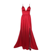 Sexy Deep V Neck Backless Maxi Dress 2 High Splits Red Satin Floor Length Open Back Night Club Party Dress