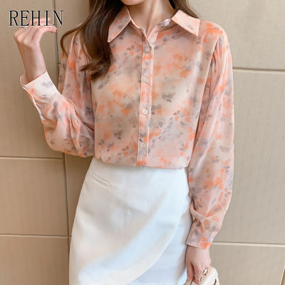 REHIN เสื้อสตรีแขนยาวใหม่ Lapel ดอกไม้ที่ว่างเปล่า Light Luxury Design Niche เสื้อชีฟอง