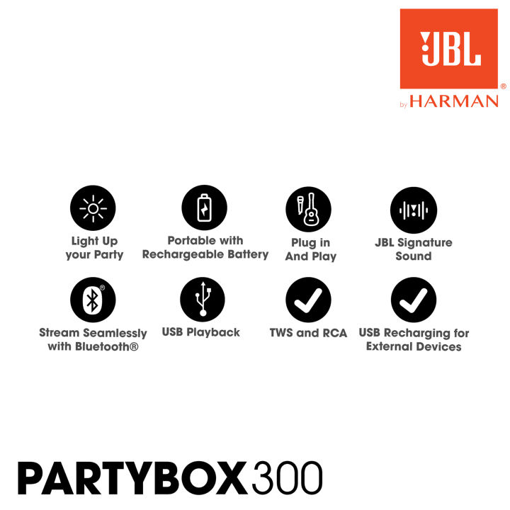 j-b-l-party-box-300-ลำโพงไร้สาย-ขนาด-2x6-5-นิ้ว-240-w-เชื่อมต่อการทำงานด้วยระบบบลูทูธใช้งานได้-18-ชม