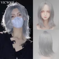 VICWIG Mullet Head Wigs Short Synthetic Blue Gray Straight Anime Men Wolf Tail Hair Wig For Daily Party