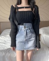 1 set Stylish Striped Line Rib Knitting Shawl Sweater Cropped Women Cardigan Long sleeve Scarf + Total Set Slim Camis Tank Tops