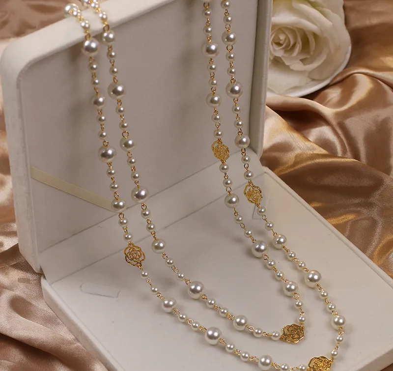 Hot Sale】Trendy Long Beades Pearls Necklace sweater chain Layered Necklace  Camellia Party cc Necklace Multilayer Long Pearl Necklace Rose Flower  Sweater Chain Necklace for Woman