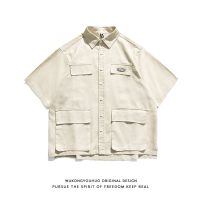 Japanese Ami khaki multi-pocket tooling shirt mens trendy brand street loose casual short-sleeved shirt 【BYUE】