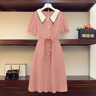 Doll collar short-sleeved dress 2023 summer new womens French drawstring loose large size temperament casual medium-length dres
