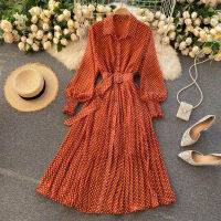 Spring And Summer French Vintage Maxi Dress 2021 Sundress Ladies Long Sleeve Orange Polka Dot Chiffon Pleated Dresses Femme Robe