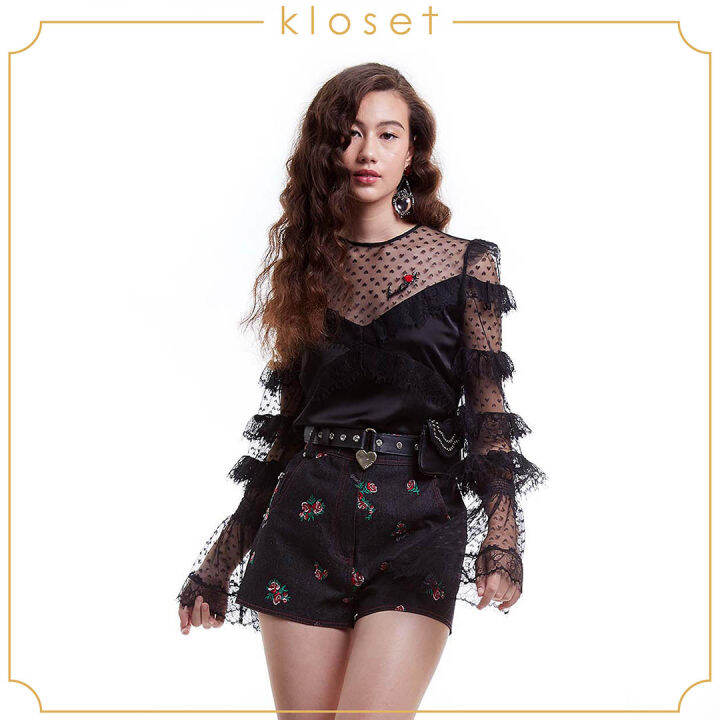 kloset-lace-embroidered-blouse-pf20-t011-เสื้อแฟชั่น-เสื้อผ้าตาข่ายพร้อมซับใน-เสื้อแขนยาว-เสื้อผ้าแฟชั่น