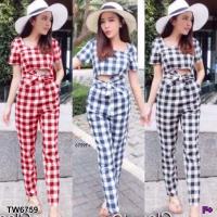 P6759 จั้มสูท ลายสก๊อต แขนสั้น  Plaid jumpsuit with short sleeves