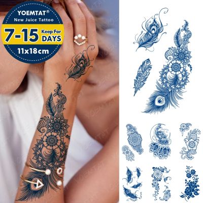 【YF】 Juice Lasting Ink Tattoos Body Art Waterproof Temporary Tattoo Sticker Peacock Moon Feather Tatoo Arm Fake Henna Mehndi Tatto