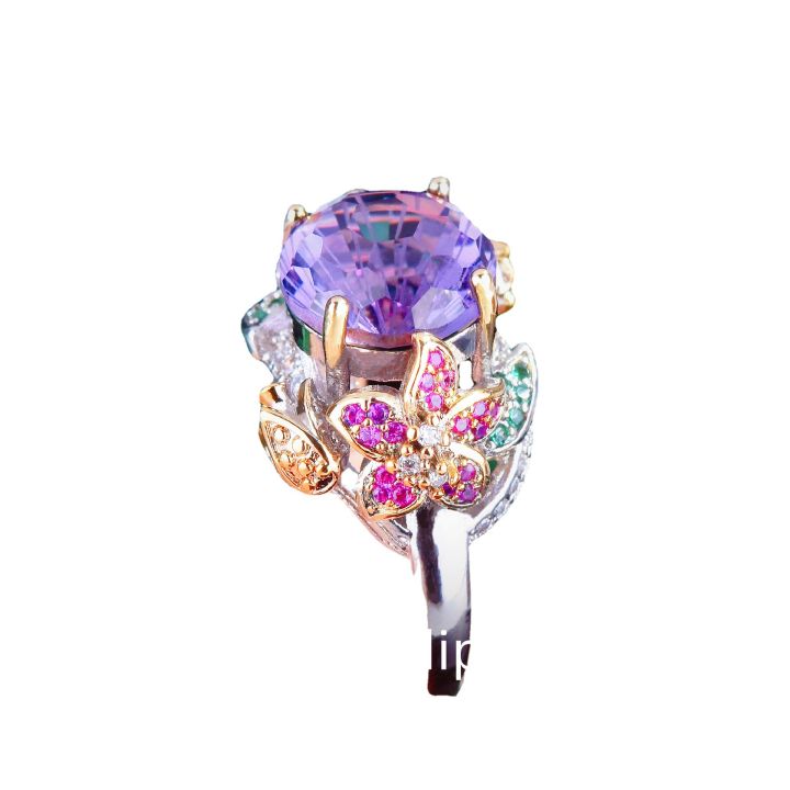 xfashion-ฝังด้วยมือสีทอง2สีแหวนเพชรสีม่วงด้วยดอกไม้หลากสีและแหวนสวยงามสีที่เปิด