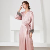 【LZ】◈☄☋  Pijama feminino confortável com renda camisola de imitação de seda cardigã fino roupão de manga longa roupa de casa outono inverno