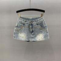 【Available】2023 Summer Beaded Denim Short Skirt Womens Personality Fake Two Sweet and Spicy A-line Wide Leg Hot Pants