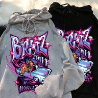 Bratz เสื้อสเวตเตอร์ลายตัวอักษร,เสื้อฮู้ดแขนยาวมีฮู้ดแฟชั่นสไตล์สตรีทเสื้อสีดำลำลองสำหรับผู้หญิง