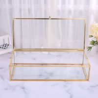 {Hot} Golden Vintage Glass Lidded Box Edge Bracelet Keepsake Decorative Jewelry Display Personal Large Clear Rectangle Box B03E