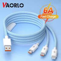 VAORLO 6A 66W 3 In 1 Fast Charging Cable สำหรับ Huawei Mate 50 Mate 40 Micro USB Type-C Lightning สายชาร์จโทรศัพท์ USB Type-C Data Cable เข้ากันได้กับ iPhone 14 13 OPPO Xiaomi 11T โปรโปรโปร