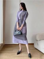 2MUAY PLEAT เดรสผู้หญิง เดรสพลีทคุณภาพ รุ่น CX270 สีม่วง FREE SIZE STRIPED 2 TONE PLEAT DRESS