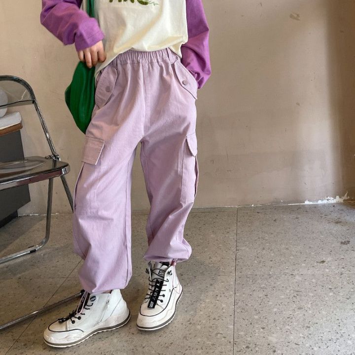 teen-girls-cargo-pants-with-pockets-elastic-wasit-straight-trousers-spring-fall-kids-long-pants