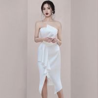 2023 Hot French retro niche white dress with waist-cinching design slimming temperament high-end tube top light and mature style dress