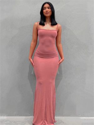 wsevypo Spaghetti Strap Bodycon Long Dress Summer 2022 Women Sleeveless Wrapped Fish Tail Dress Solid Color Club Streetwear