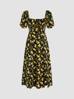 Cider Lemon Split Knotted Shirred Midi Dress