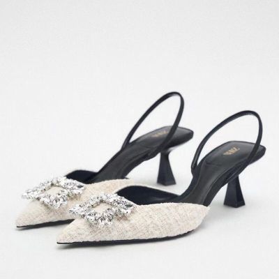 High heel winter new product white bright decoration slingback high heels new shallow mouth rhinestone buckle stiletto sandals women