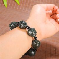 Natural Hetian Jade Round beads Lotus Elastic Bracelet Charm Jewellery Fashion Accessories Hand-Carved man woman Amulet Gifts