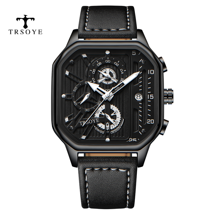 trsoye-6604หนังแท้สแควร์นาฬิกาควอตซ์สำหรับผู้ชายกีฬากันน้ำกรณีเหล็กที่มีคุณภาพสูงยอดขายสูงสุดหรูหรา