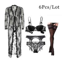 Sexy Lace Underwear Set Robe+Bra+ Panties+ Stockings +Y-line Straps + thong + garter 7 Piece For Lady