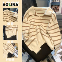 AOLINA 2022ฤดูใบไม้ร่วง/ฤดูหนาวลายเสื้อโปโลสตรีหลวม Languid ขี้เกียจลมเสื้อสวมหัวที่เรียบง่ายอายุกระแทกเสื้อกันหนาวแขนยาว