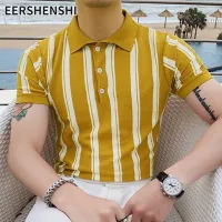 EERSHENSHI เสื้อโปโลระบายอากาศแขนสั้นสำหรับผู้ชายฤดูร้อนผ้าไอซ์ซิลค์ลายทาง