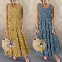 Women Bohemian Maxi Dress Summer Casual O Neck Sleeveless Tank Long Dresses Vintage Floral Print Loose Beach Sundress Vestidos