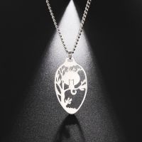 My Shape Cat on Tree Moon Oval Pendant Necklaces for Men Women Stainless Steel Landscape Necklace Choker Fashion Jewelry Gifts