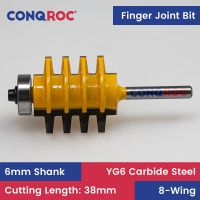 6mm Shank 8-Wing Finger Joint Router Bit พร้อมเส้นผ่านศูนย์กลางแบริ่งด้านบน－19.05mm ความยาวตัด－38mm เครื่องตัดมิลลิ่งงานไม้