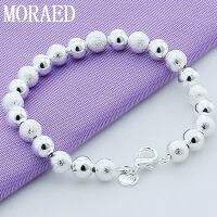 925 Sterling Silver 8mm Smooth Matte Hollow Circle Ball Beads Silver Beaded 20cm Bracelet Woman Charm Fashion Jewelry