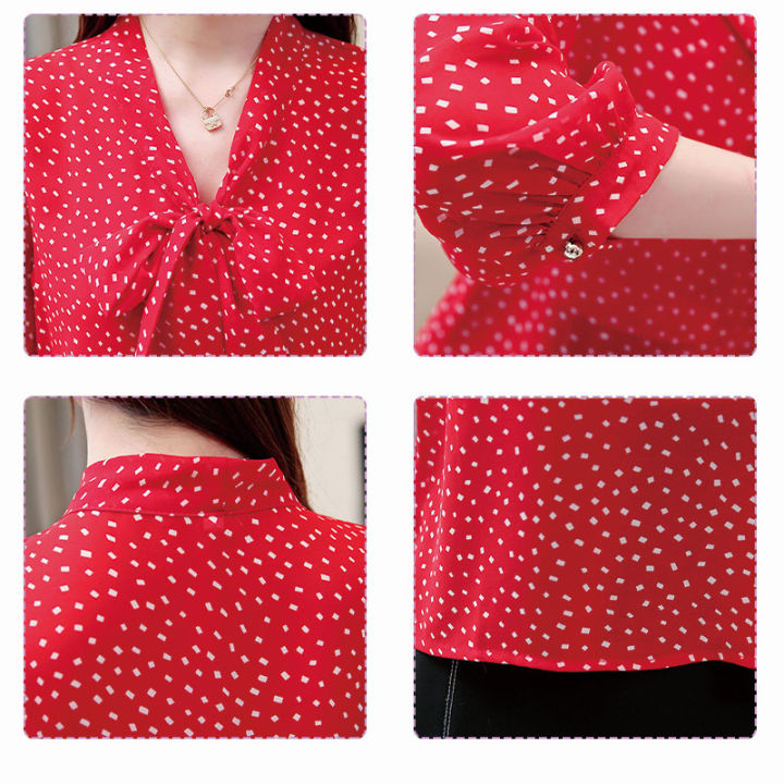 xiang-nian-niเสื้อชีฟองสำหรับผู้หญิงใหม่ผูกโบว์กับสามแขนpolka-dotเสื้อ