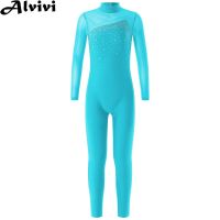 ✸✾◇ Child Girls Figure Skating Leotard Ballet Dance Gymnastics Bodysuit Shiny Rhinestone Sheer Mesh Jumpsuit for Stage Performance