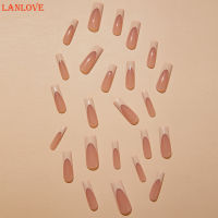 LANLOVE ท่อยาวขอบชาครีมซิมเปิลทนทานและไม่เล็บปลอมเล็บปลอม Comfort แตกสำหรับสวมใส่ทุกวันและปาร์ตี้