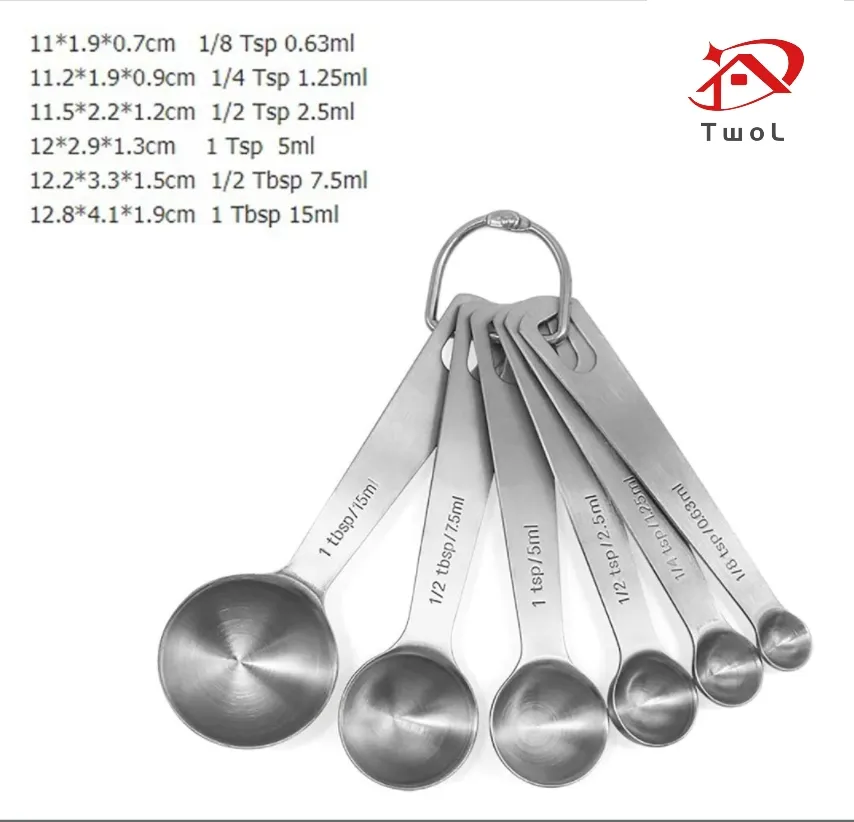 TwoL Stainless Steel Measuring Spoons Set with 6 Spoons 1/8 TSP, 1/4 TSP,  1/2 TSP, 1 TSP, 1/2 Tbsp & 1 Tbsp, for Measuring Dry and Liquid Ingredients