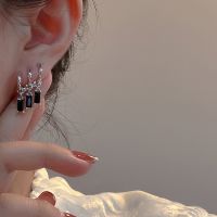 [COD] and cool dark zircon geometric square earrings female indifferent niche advanced design sense light luxury personality silver needle