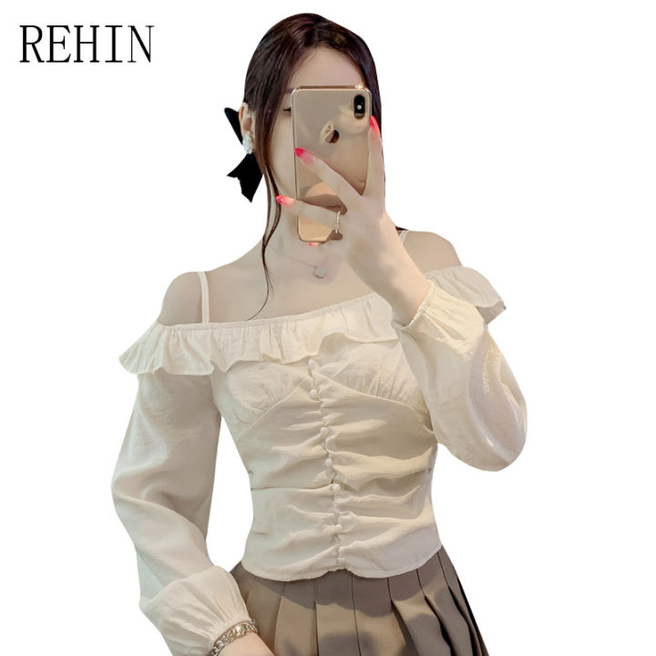 rehin-แฟชั่นใหม่ฤดูใบไม้ผลิของผู้หญิงสายคล้องเปิดไหล่แบบเรียบง่ายพร้อมคอแบบตรงเสื้อเชิ๊ตแขนยาวดีไซน์หวานแหววววว