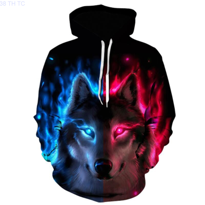 New Harajuku Style 3d Wolf Print Hoodie for Men; popular